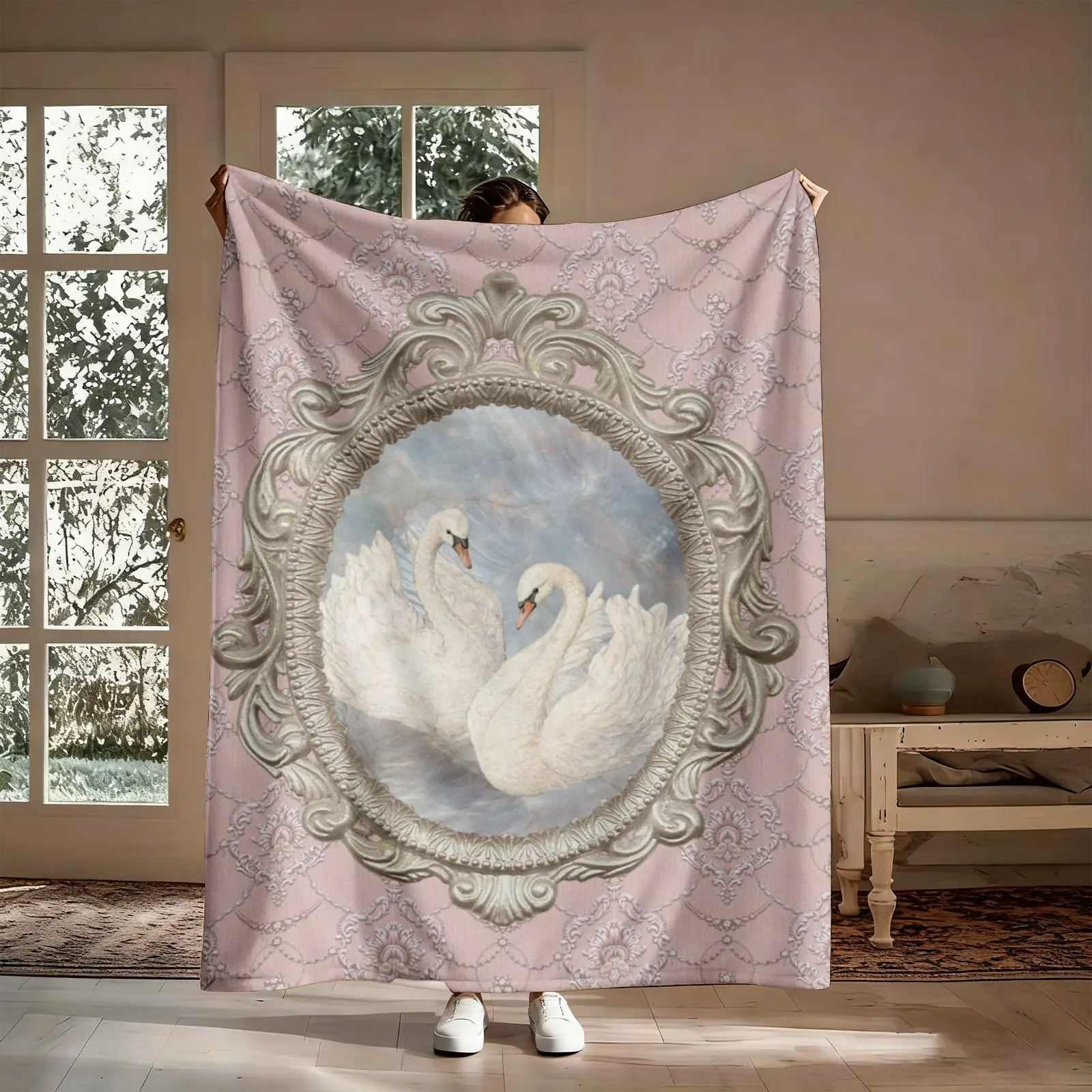 【Summer Sale Deals】Baroque Style Swan Fluffy Graphic Heritage Marshmallow Flannel Throw Blanket - Soft Warm Large Fluffy Throw, Artistic Romantic Accent for Bedroom & Living Room, Thoughtful Sentimental Gift, Fluffy Throws, Graphic Blanket Throws