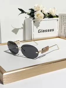 Women's Metal Vintage Oval No Frame Decorative Lens Glasses, Stylish Retro Letter Design with Rhinestones for Party, Trendy Essential for Summer Festivals