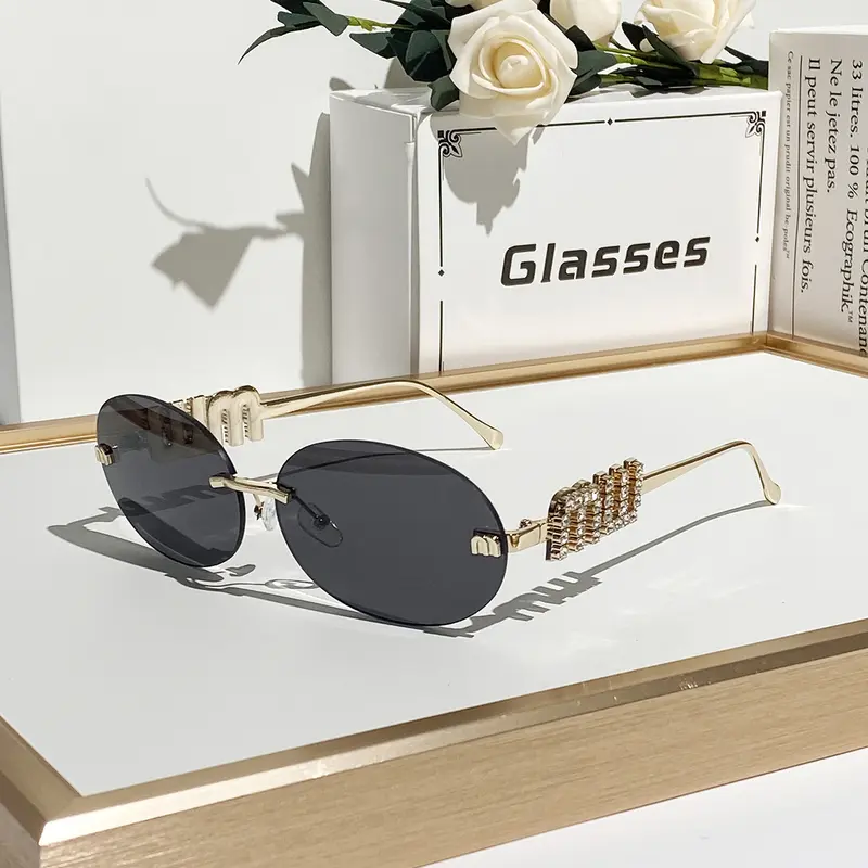 Women's Metal Vintage Oval No Frame Decorative Lens Glasses, Stylish Retro Letter Design with Rhinestones for Party, Trendy Essential for Summer Festivals, Trendy Shades, Cool Glasses