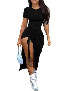 Women's Solid Color Ruched Drawstring Split Thigh Fit Bodycon Dress, Casual Short Sleeve Round Neck Long Dress for Daily Outdoor Wear, Ladies Summer Clothes Womenswear