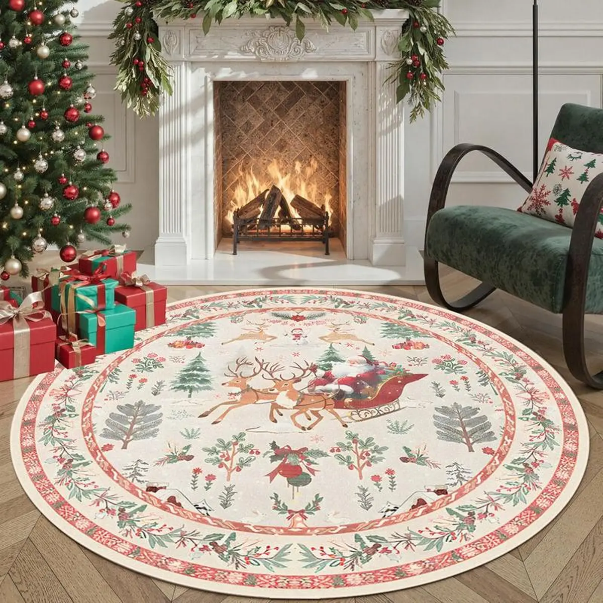 Round rug, Home Decor Rugs, Machine Washable Rugs, off-white Christmas rug with Santa Claus and elk pattern, retro Christmas rug, washable, soft and non-slip design, suitable for Christmas gifts, home decor, living room, bedroom