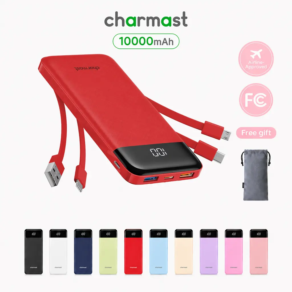 charmast 22.5W 10000mAh Fast Charging Portable Charger,Built-in 4 Cables,6 Outs 4 Ins,Flight-Safe Travel Essential,Quick Charge Power Bank for iPhone Samsung Google Pixel