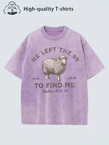 Washed 99 Sheep Looking for Me Scripture Single-Sided Printed T-Shirt | High-Quality Batik, Modern Fashion Brand, Ladies' Charming All-Season, Crew Ne