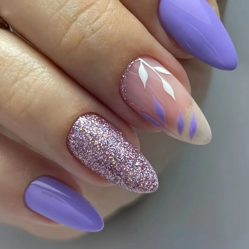 Long Almond Shaped Press On Nails Sparkling Purple Fresh Plant Pattern Detachable False Nail Tips