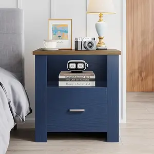 HOMBCK Black/Blue/White Farmhouse Nightstand with Storage Drawer, White Bedside Table with Metal Handle&Open Wood Shelf, Rustic End Table for Bedroom, Living Room,