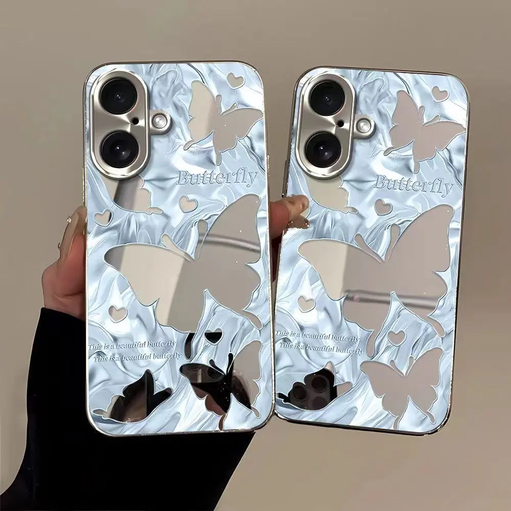 Luxury Customized Blue Butterfly Phone Case & Mirror Screen Protector, High-End Elegant Cover with Comfort Grip, Advanced Shockproof Protection for Phone 16 Pro Max,, Outdoor-Ready Mobile Phone Accessories Smartphone Protective