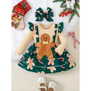 Girls' Gingerbread Man Print Set with Matching Hair Accessory, Christmas Cute Style, Knit Top & Multi-Layer Skirt, Perfect for PartiesGift
