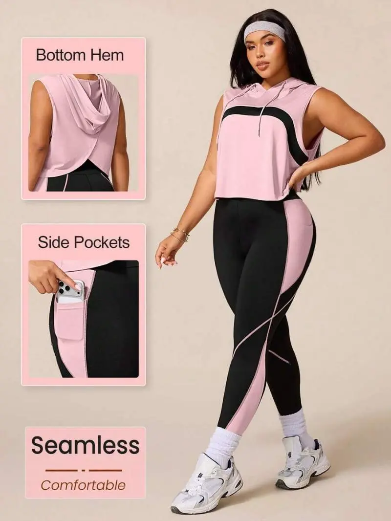 DORRIS Women's Contrast Color Plus Size Workout Set - Curved Bust Yoga Fitness Suit