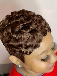 pixie Human Hair Pixie Cut Wig short Curly Wavy Wig with Bangs, Density Natural Black Color, Rose Net Cap for Women, Elegant Style for Daily Use, Kinky Curly Wigs, Short Hair Wig