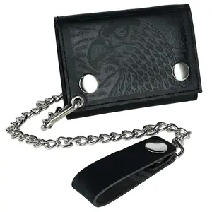 CTM Men's Leather Eagle Imprint Trifold Chain Wallet