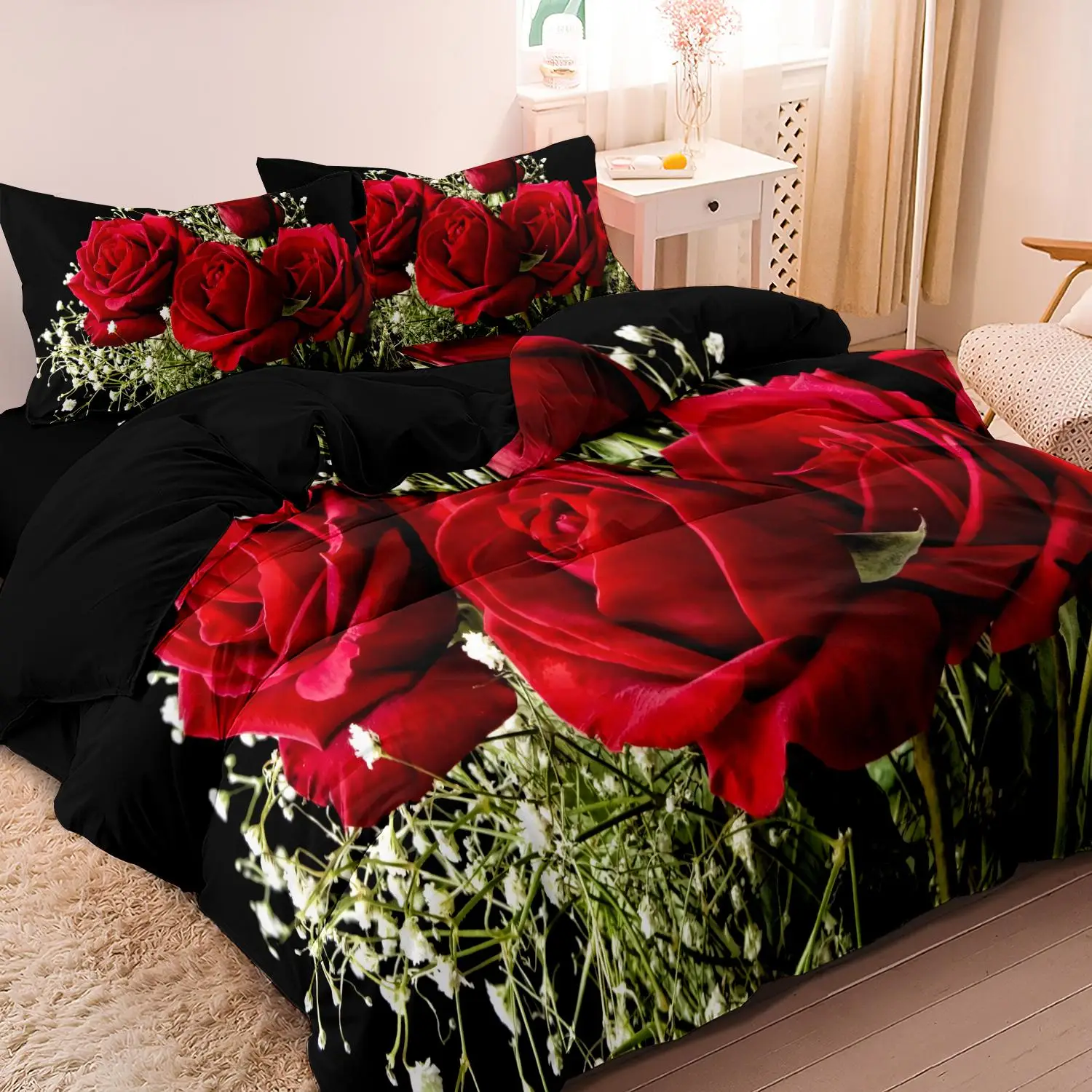 Valentine's Day Rose Print Duvet Cover Set, 3 Counts/set Including 1 Count Duvet Cover & 2 Counts Pillowcase without Filler, Soft Comfortable Bedding