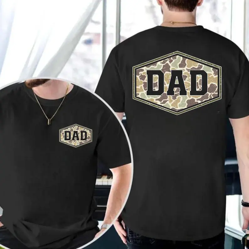 camouflage dad shirt with retro varsity style, duck camo design, classic fit tee, perfect Father's Day gift and everyday wear for dads.