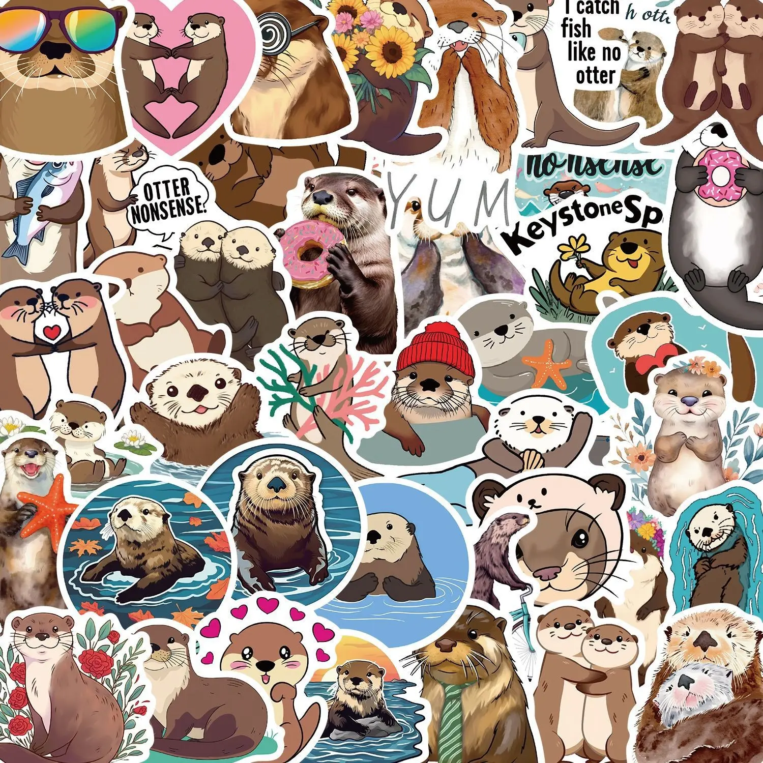 50 Cartoon Otter Stickers, New Cross-Border Design, Decorative Guitar Notebook Luggage DIY Waterproof Decals, Flat Style