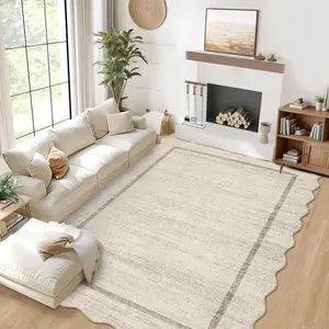Gaomon Beige Scalloped Washable Rug, 9x12 Non-Slip Soft Stain-Resistant Carpet for Bedroom, Modern Living Room, Farmhouse