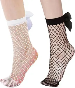 2 Pairs Fishnet Sheer Ankle Socks with Satin Bow Mesh Net Socks Elastic Black and White Hollow Out Short Socks for Women and Girls