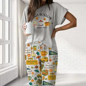 "Stars-Hollow Fall-Book" Pajama Set – Premium Satin Sleepwear for Women – Cozy Satin Comfort, Relaxed Fit, Autumn Loungewear Vibes