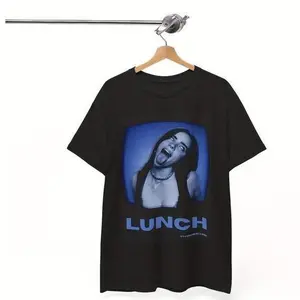 Lunch Billie Album Cover Graphic T-Shirt, Bohemian Style Unisex Black Tee with Blue Art Print, Round Neck Regular Fit Womenswear Top