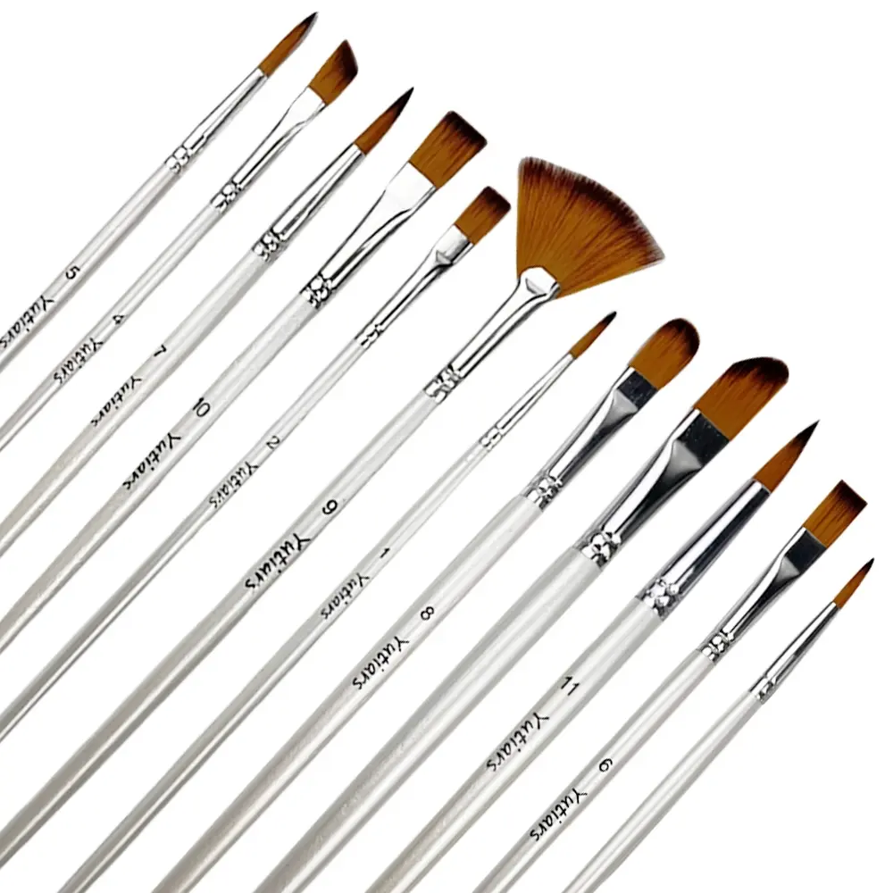 12pcs Nylon Bristle Brush Set, Flat Brushes for Watercolor Oil Paint, Artist Amateurs & Acrylic Paintings, Fabric Brushes
