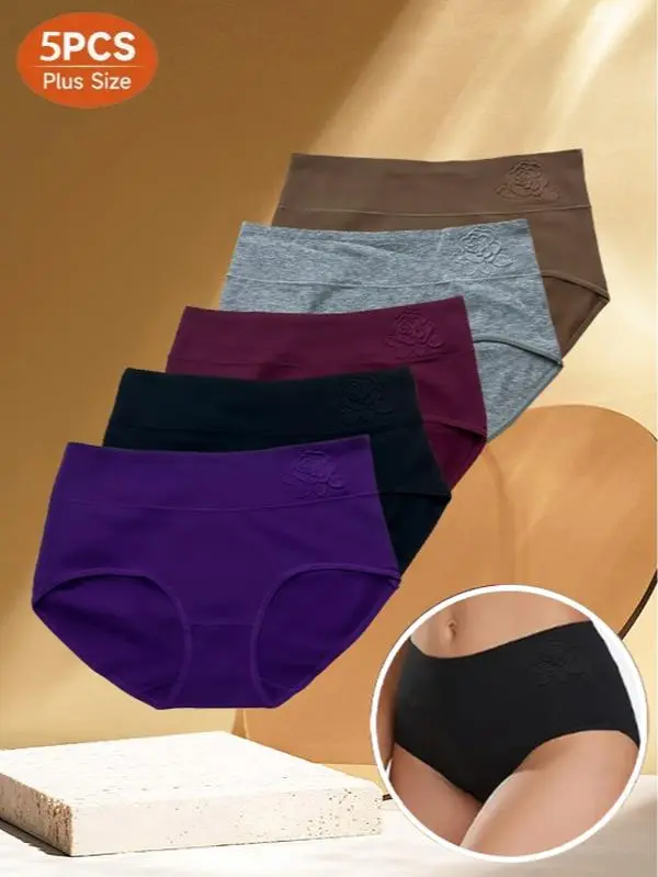 Women's 5-Pack Cotton Panties, Mid-Rise Triangle Briefs in Mixed Prints & Solids, Breathable Stretchy Plus Size Fit for Everyday Wear, 5Pcs(Black+Brown +Wine Red+Dark Purple+Gray), Stretchy Fit, Printed/Solid, Assorted Colors