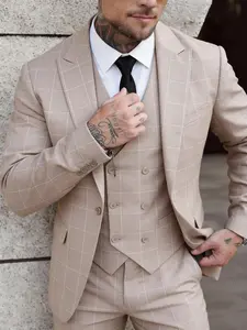 Men's 3-Piece Suit Double Breasted Set with Vest for Business Casual and Formal Events Groom Party Occasion Longsleeves Matching Burgundy Checked Fabric Vneck Menswear Workwear