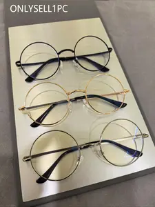 Anti-Blue Light Large Frame Retro Metal Round Flat Mirror Glasses, Trendy Casual Eyeglasses, Transparent Lenses for Phones & Computers, Hip Hop Music Festival Props, High Quality Eyewear