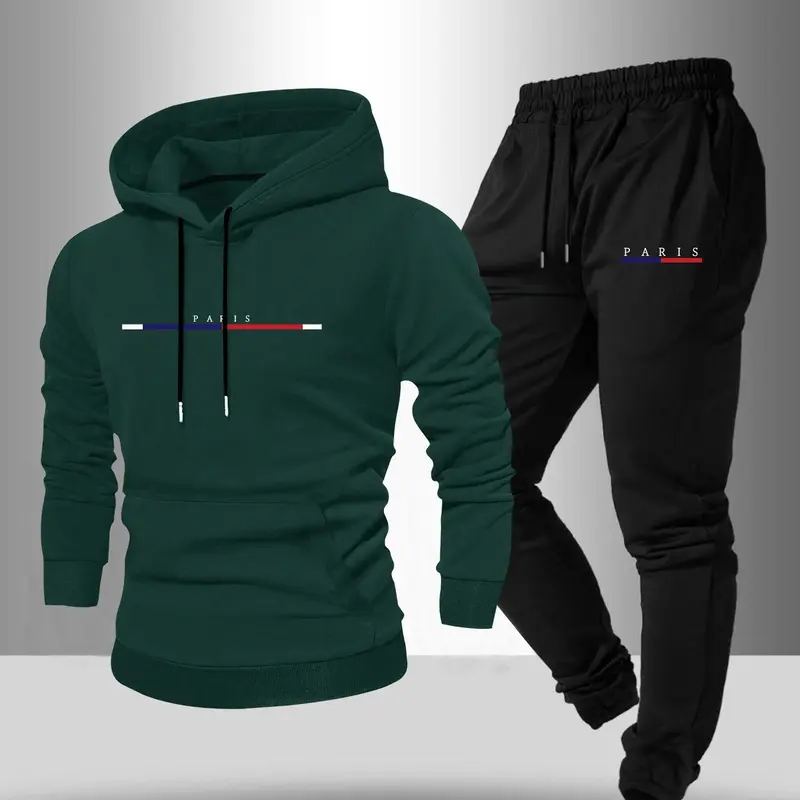 Men's Letter Print Drawstring Hoodie & Pocket Sweatpants Set, Casual Regular Fit Long Sleeve Hooded Sweatshirt & Jogger Pants, Fall & Winter Menswear, Streetwear Tracksuit, Outfit Tracksuit, Jogging Set, Casual Tracksuits