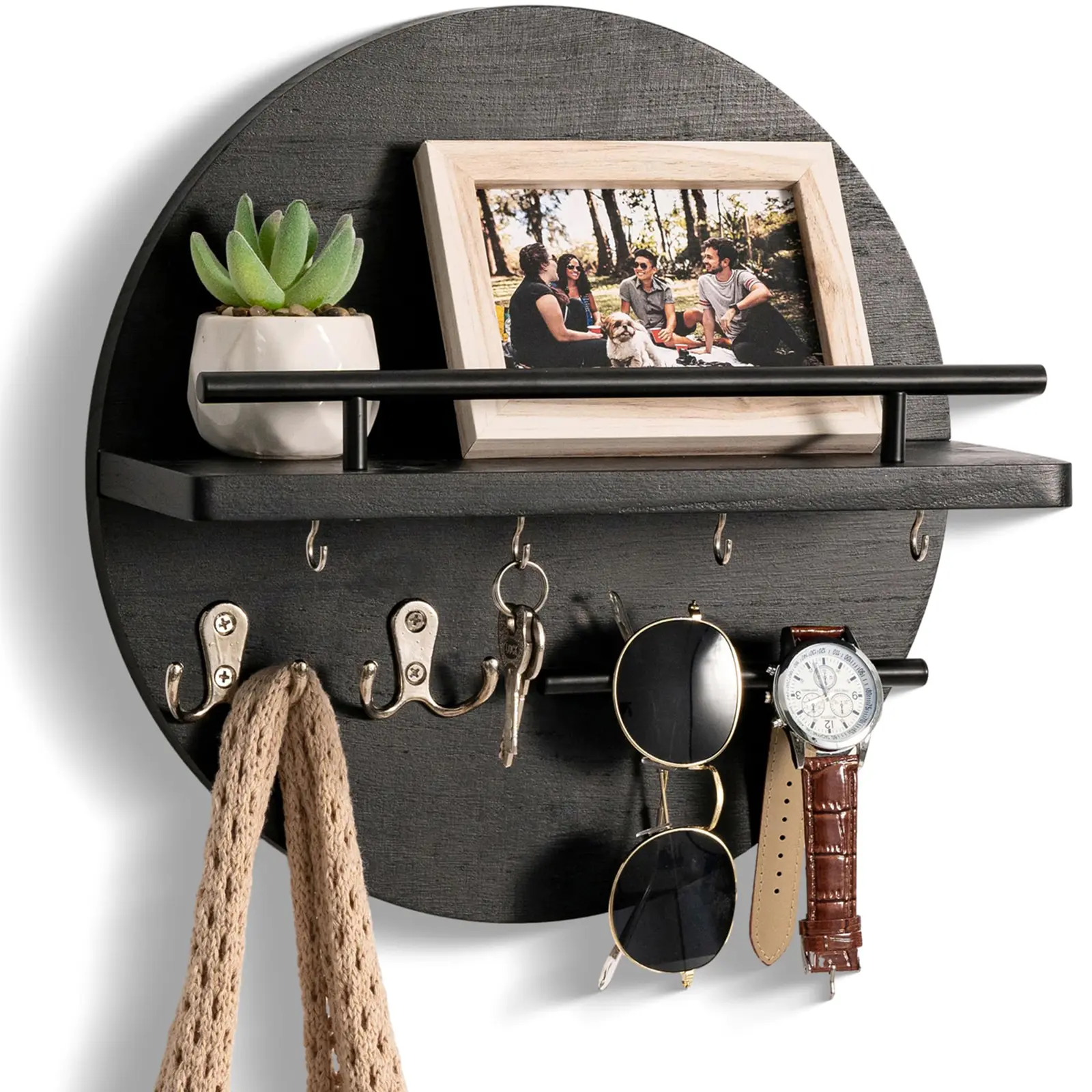 Wall-Mounted Key Rack with Shelves and Hooks, Wooden Decorative Key Storage, Letter and Sunglasses Holder, Boho Round Wall Decoration, Wall Mounted Organizer, Wall Mount Design