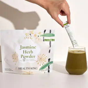Polvo de hierbas de jazmín Health King, té de hierbas adaptógeno 100% natural, cafeína con L-teanina, favorece la desintoxicación diaria, la concentración y la energía, paquete para llevar, 28 sobres individuales.