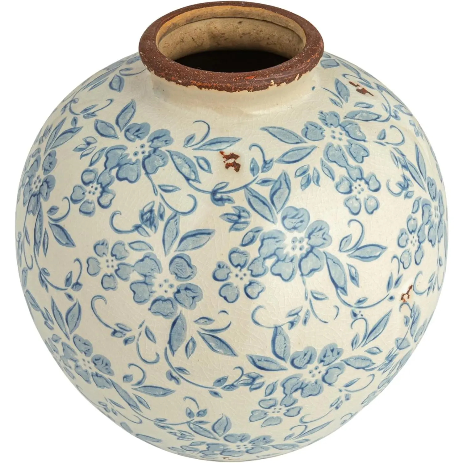 Df h terracotta floral transferware pattern crackle finish vase blue