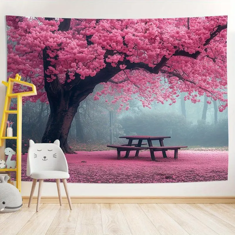 Vibrant Cherry Blossom Tapestry Wall Art - Serene Pink Blooming Tree Scene With Bench & Picnic Area - Soft Polyester Fabric, Hand-Stitched Edges, Wrinkle-Resistant - Perfect For Living Room, Bedroom, Office & Party Decor, Wall Decor, Indoor/Outdoor