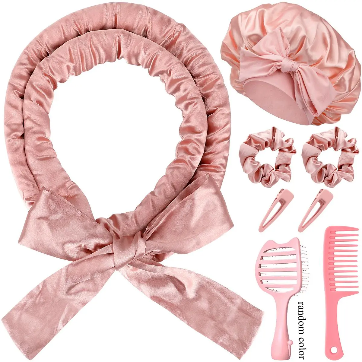 Women's Satin Heatless Curling Rod Set - 8-Piece Hair Tools Kit for Long Hair, Includes 70" Headband, Double-Layer Sleep Bonnet & Brushes for Overnight Bouncy Heatless Curls