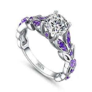 Jeulia 4.3 Carat Personalized Sterling Silver Butterfly Rings for Women Purple Amethyst Bridal Round Cut Wedding Engagement Eternity Valentine's Promise Ring Sterling Silver Zircon s925 sterling silver