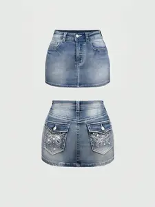 Y2K Vintage Low Waist Butterfly Embroidered Adjustable Colorblock Denim A-Line Skirt for Women, Stylish Casual Wear