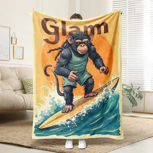 1 Comfortable And Fashionable Monkey Surf Flannel Blanket, Soft Printed Cooling Blanket, Suitable For All Year Round, 100% Polyester, Perfect Gift For Family And Friends