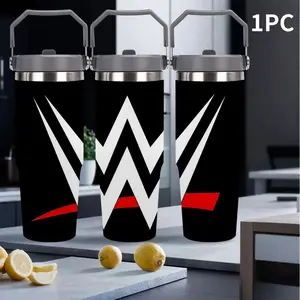 1pc 30oz portable thermos cup Tumbler with geometric W shape pattern, black matte cup body with dark gray handle seal, double white inverted W shape and bright red rectangular block design, stainless steel metal ring decoration, modern sports style