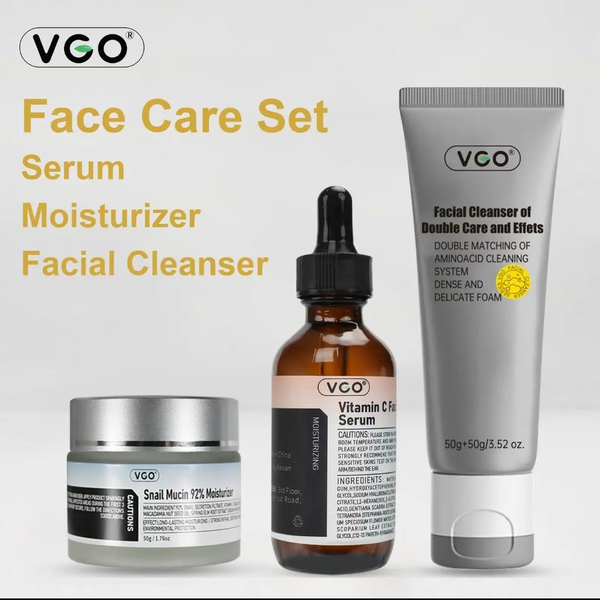 VGO 3-Piece Facial Kit with Snail Mucin for Brightening & Reducing Dark Circles, Ideal for Acne Prone Skin, Vitamin C