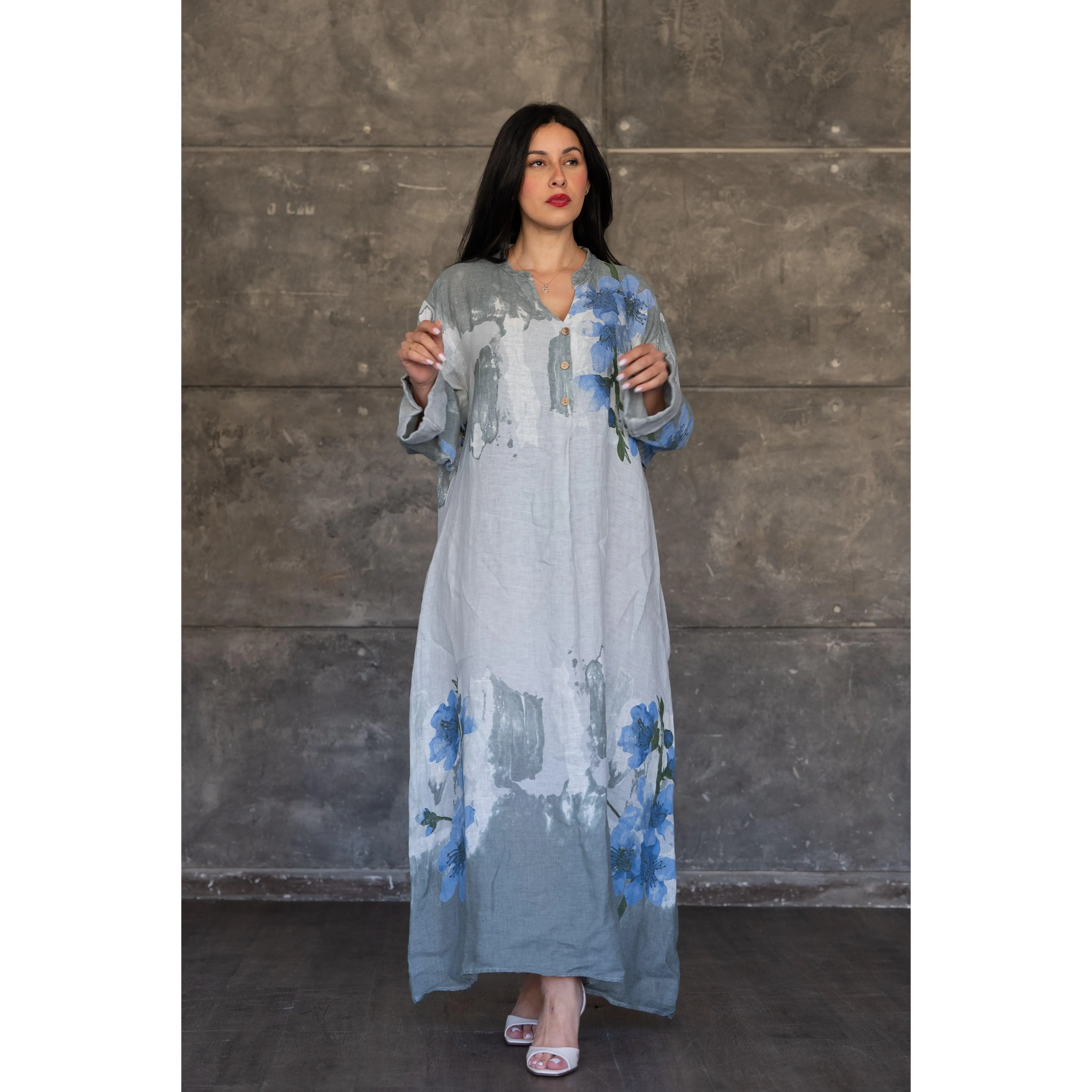 Grey Italian 100%Linen Floral Dress