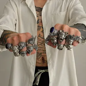 16PCS Hip Hop Ring Set for Men Women, Trendy Stackable Punk Rings, Vintage Silver Color Alloy Fashion Jewelry Accessories