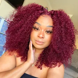 Midulla Glueless Kinky Curly Wig Human Hair Ready to Wear Burgundy Color Shoulder Length 6x4 Pre-cut Lace Bleached Knots Human Hair wig