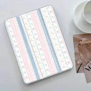 Pastel Gingham Folding Stand Case, Tablet Protective Cover for iPad, Vintage Lace & Bow Floral Transparent Acrylic Hard Back, Pencil Slot & Charger Slot, Scratch-Resistant Slim Protective Cover for iPad 10.2, Mini