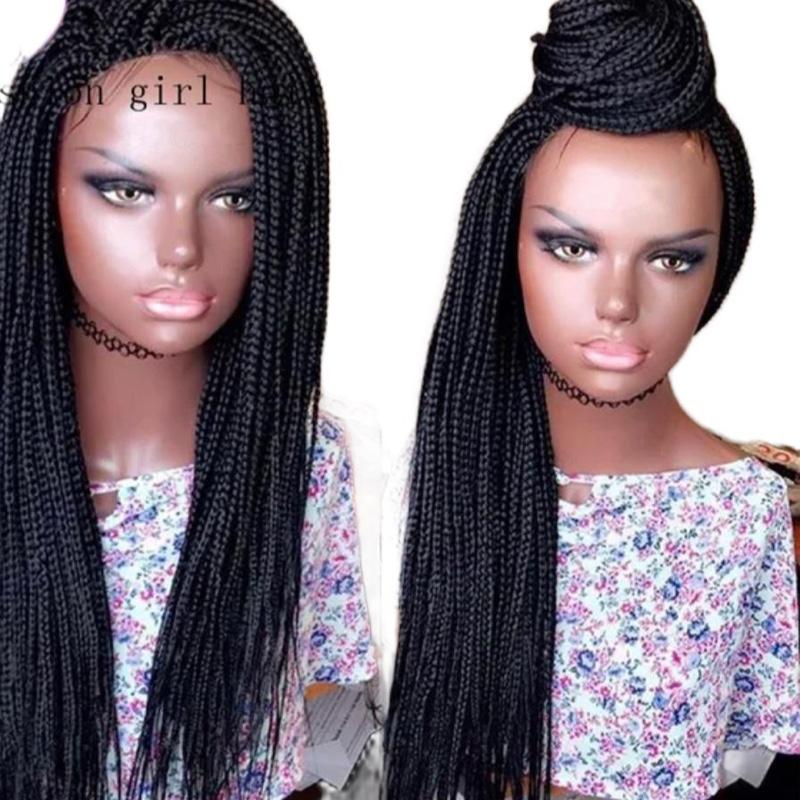 Black Box Braided Synthetic Hair Lace Front Wigs - Black, 13*4, 200% 32”Satin, Versatile for Casual and Formal Occasions