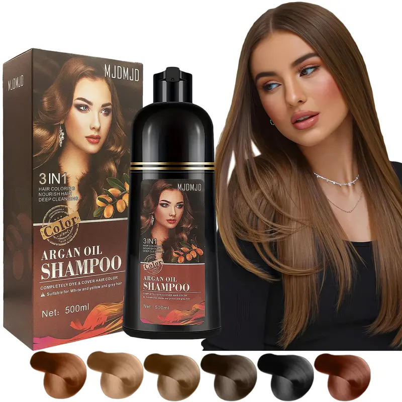 MJDMJD 3-in-1 Dark Brown Semi-Permanent Liquid Hair Dye Shampoo, Ammonia-Free Haircare Beauty Product with Argan Oil, 15-Min Instant Gray Hair Coverage, Long-Lasting Natural Color for Women & Men, 500ML