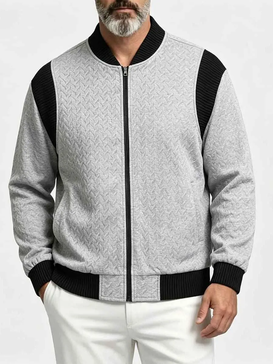 Men's 2-Tone Grey Black Color Block Cable Knit Baseball Bomber Jacket - Soft, Breathable, Smooth, Preppy, Minimalist Tops Layering Zip Coat with Vintage Rib Trim, All-Season Old Money Everyday Wear for Slacks Pairing, Fabric, Retro, Menswear, Sporty, Clas