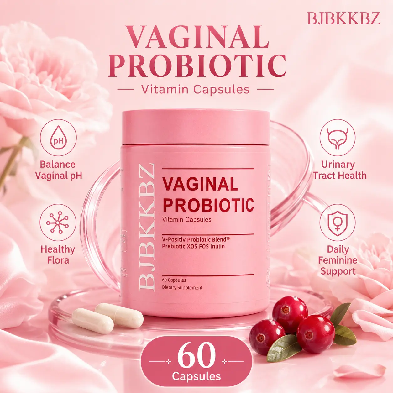 BJBKKBZ Edible Vaginal Probiotic Vitamin Capsules - V-Positiv Blend with Prebiotic XOS, FOS, Inulin - 60-Count Dietary Supplement for Vaginal pH & Yeast Balance