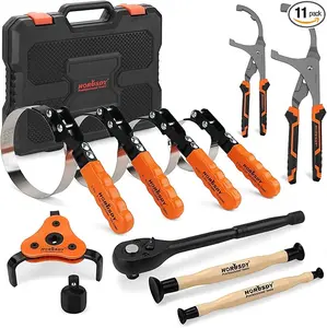 11pc Oil Filter Wrench Set with Tool Box & Storage Case - Car Repair Tools, 2.75in-5.25in Swivel Wrenches, 9in & 12in Adjustable Filter Pliers, Valve Lapper Set, 3-Jaw Socket, Ratchet Handle for Garage, Roadside Repair