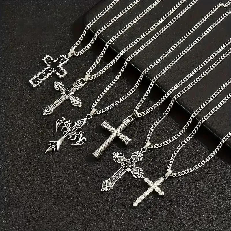 6pcs Western Mixed Vintage Style Silvery Chain Necklace with Multi-Style Cross Pendant Combination Men'S Individual Pendant Necklace Western Hip-Hop Trendy Men'S All-Match Chain And Cross Pendant Mixed Necklace