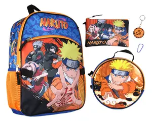 Naruto Anime Character Group 16" Youth 5-Piece Backpack Set For School Or Travel With Lunch Tote Pencil Case Rubber Keychain Zipper Pull Carabiner