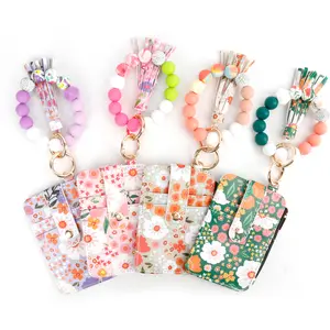 DEALS FOR YOU Ladies' Boho Style Beaded Tassel Decoration Keychain with Floral Pattern Wallet Leather Card Case Teacher Appreciation Gift(1 Pack)