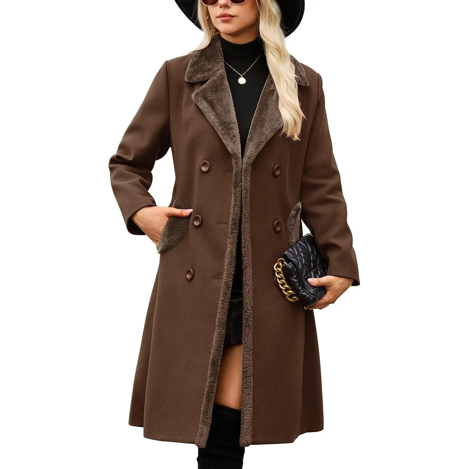 Women's Winter Double-breasted Faux Fur Notched Lapel Pea Coat | Fur Trim Collar, Slant Pockets, Warm Long Jacket, Slim Fit Dressy Trench Coat, Elegant Fall Outerwear, Casual, Daily Wear