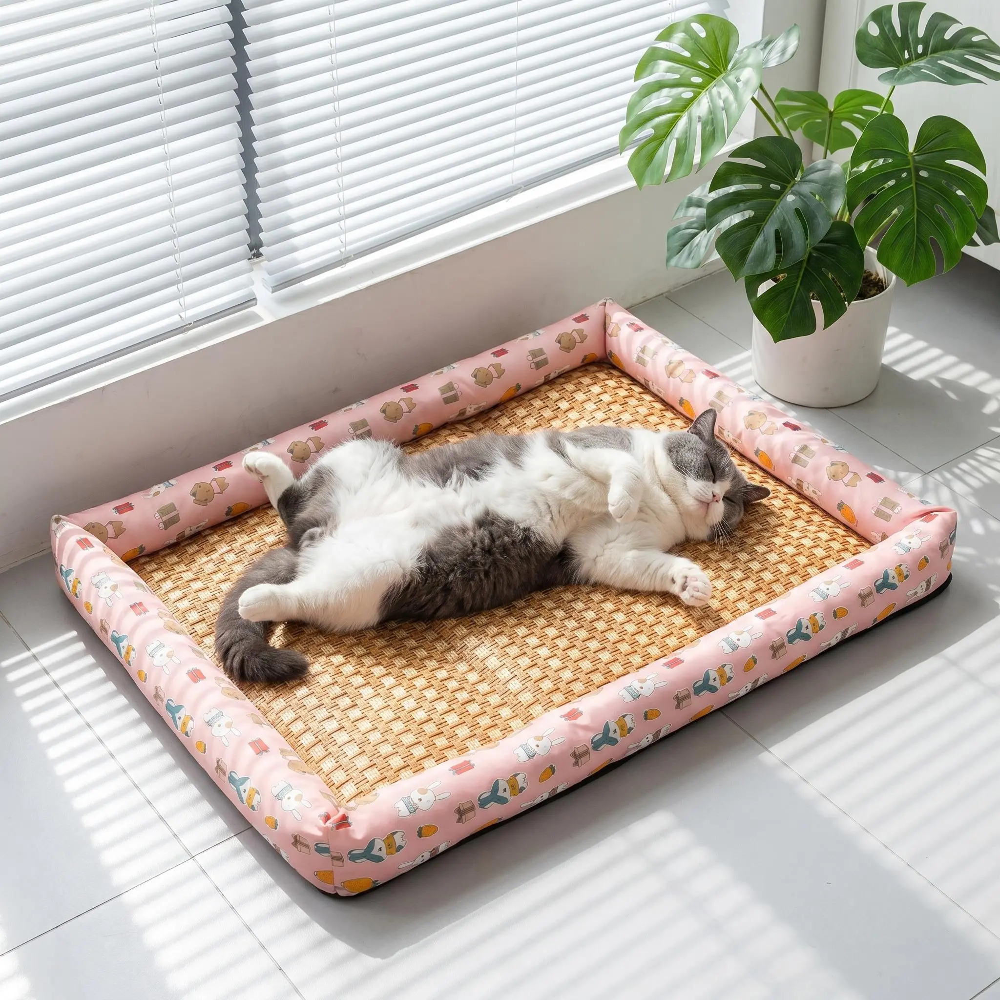 Pink Bunny Print Cooling Pet Mat for Cats & Dogs, Breathable Summer Pet Bed Pad, Non-Slip Washable Pet Cooling Cushion for Indoor Use